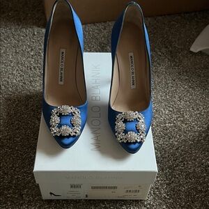 Manolo Blahnik Royal Blue Satin Pointed Toe Pumps with Crystal Buckles